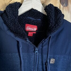 Coleman Men's Large Navy Blue Jacket Full Zip Chest Pocket Hooded Sherpa Lined
